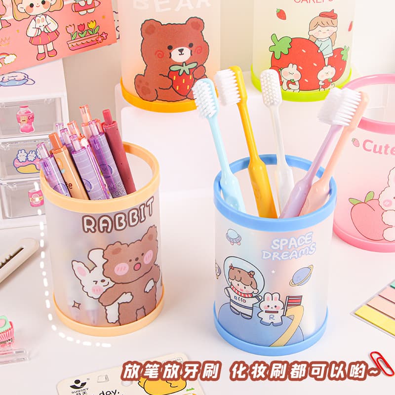 Creative folding pen holder, desktop office storage box, cute stationery, round pen barrel, cartoon pen box accessories, lid