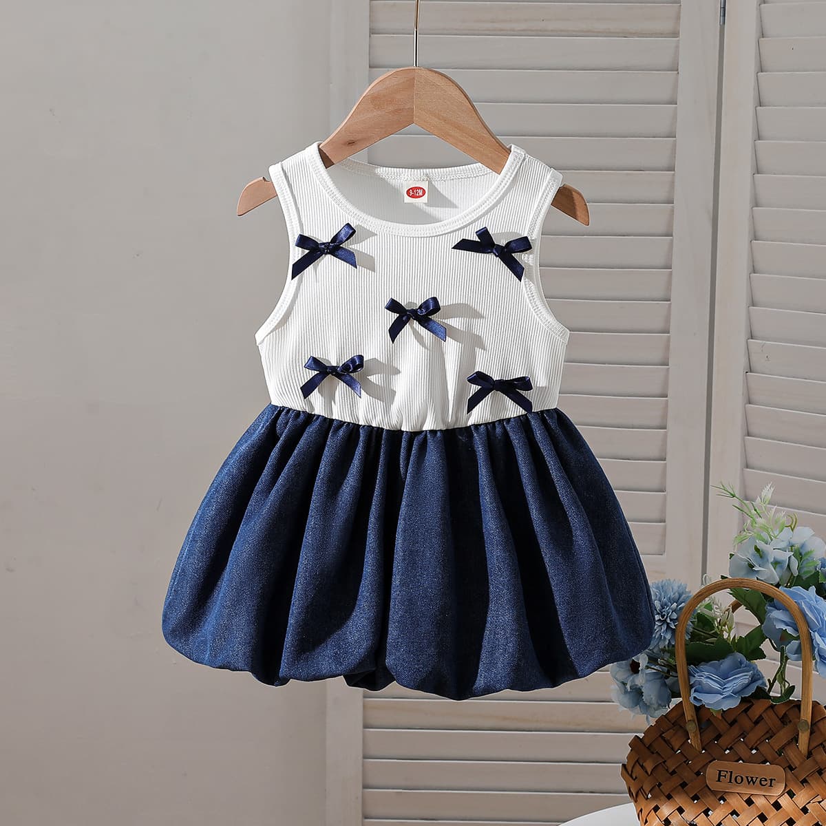 2026 new European and American style cross-border girls' fashionable bow contrasting color stitching denim dress baby dress