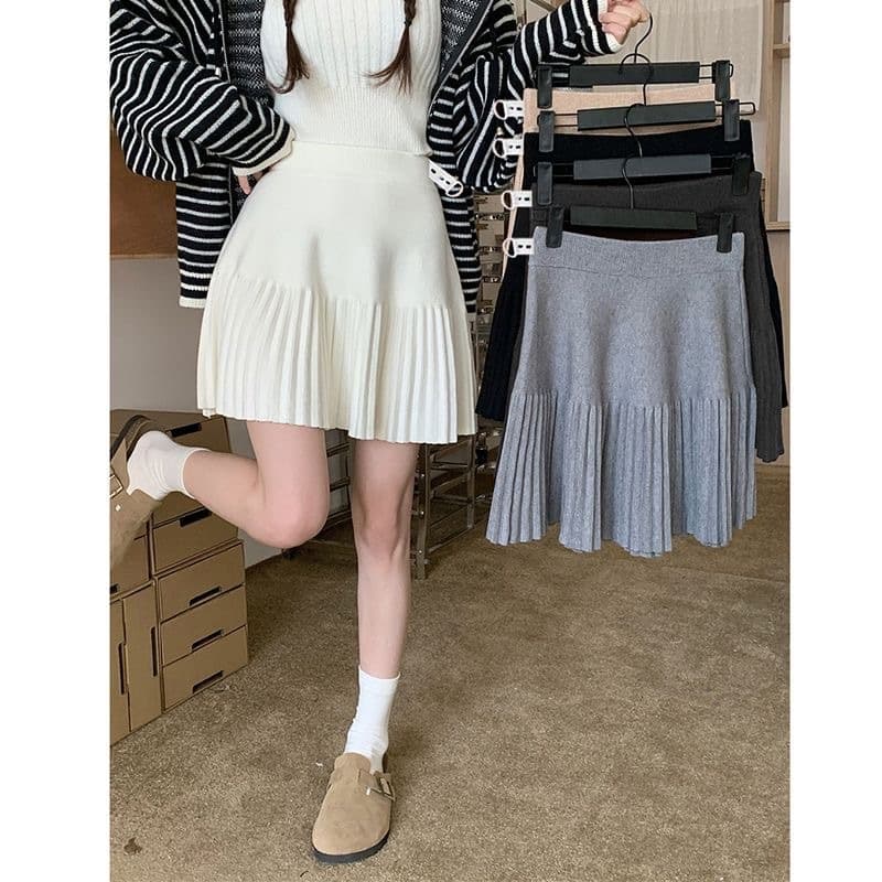 Pleated Spring Slim Knit Skirt New Versatile High-Waist Midi Skirt Petite Sweet Elegant Fashionable