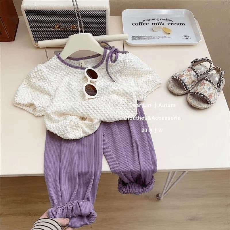 Korean version~Baby girl summer two-piece set, thin short-sleeved style, ice silk pants suit, college-style short-sleeved trousers