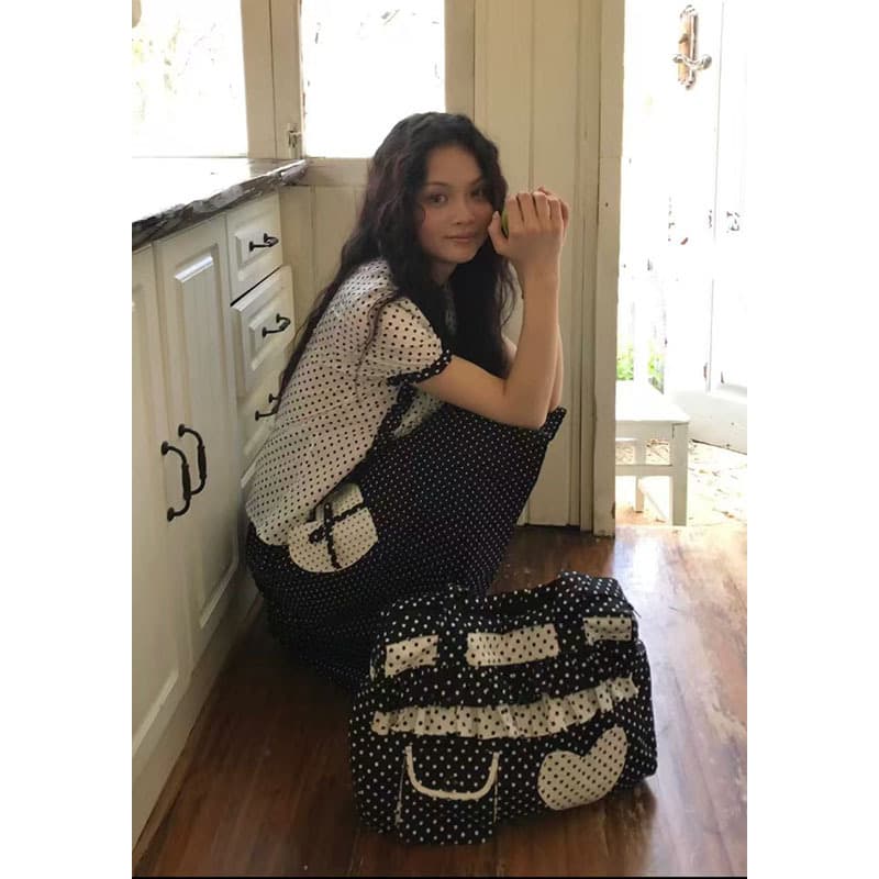 Black and White Polka Dot Patch Love Canvas Tote Bag Shoulder Bag Large Capacity Tote Bag 2025 New Women's