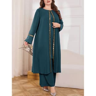Plus Size Set with Sequins Decoration, Solid Color Loose Long Sleeve Top + Pants, Fashionable and Elegant Outfit