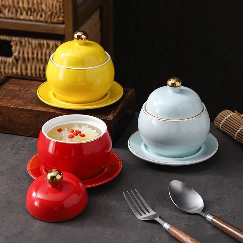 Double-boiler ceramic stewing pot for home, commercial, and hotel use, bird's nest dessert soup cup with lid, bird's nest and tonic soup cup wholesale
