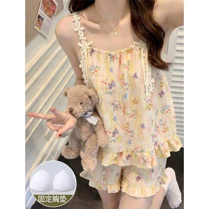 Camisole Pajama Set with Built-in Bra for Women, Summer Cloud Cotton Floral Loungewear, Wear-Out 2026 New Sweet Style Set