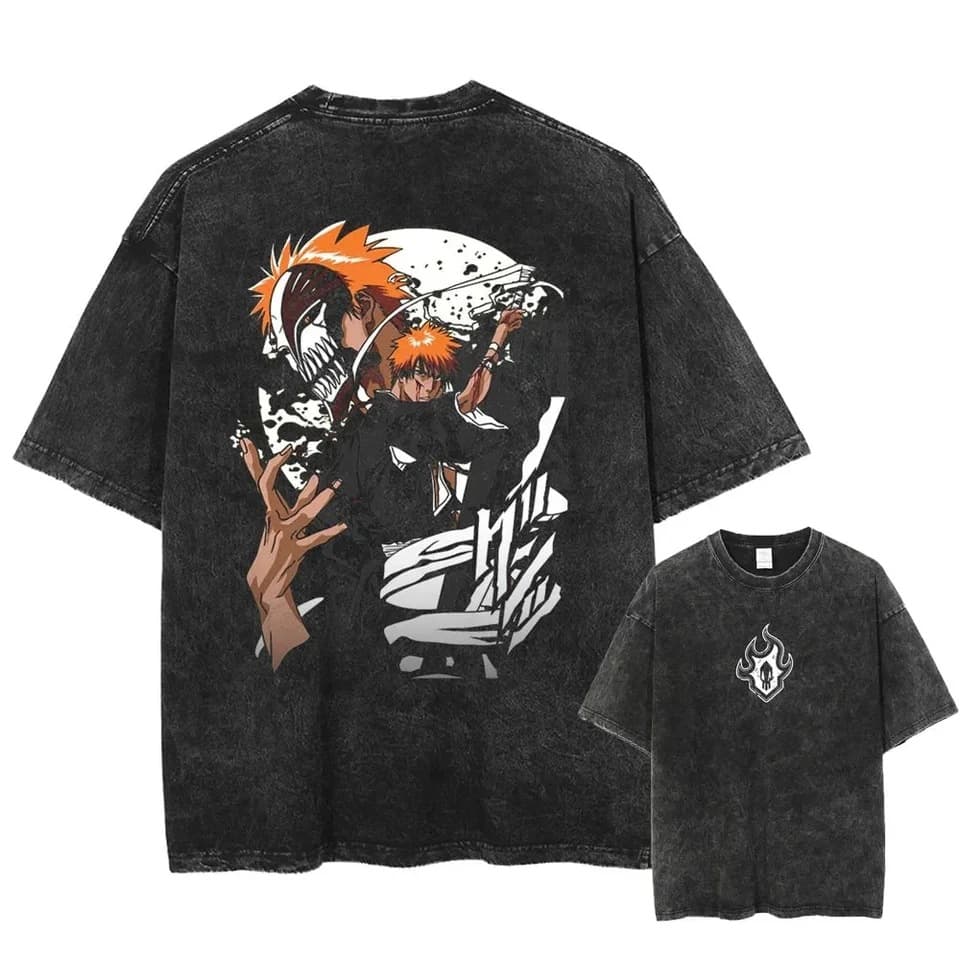 Bleach Ichigo Kurosaki T-Shirt Set Men Vintage Washed Cotton
