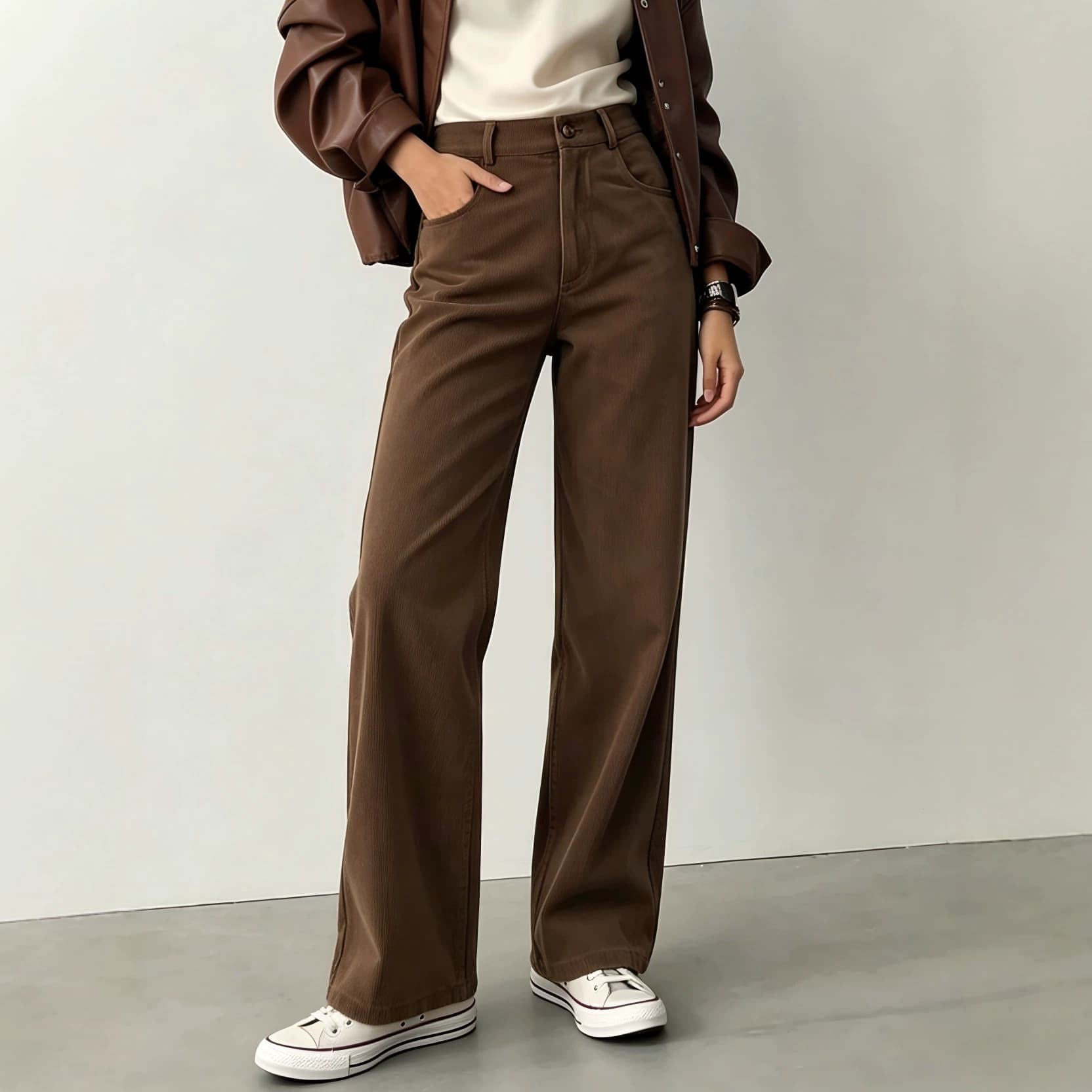 Women's Casual High-Waist Slimming Brown Corduroy Wide-Leg Pants for Autumn/Winter, European and American Cross-Border Market, Factory Direct