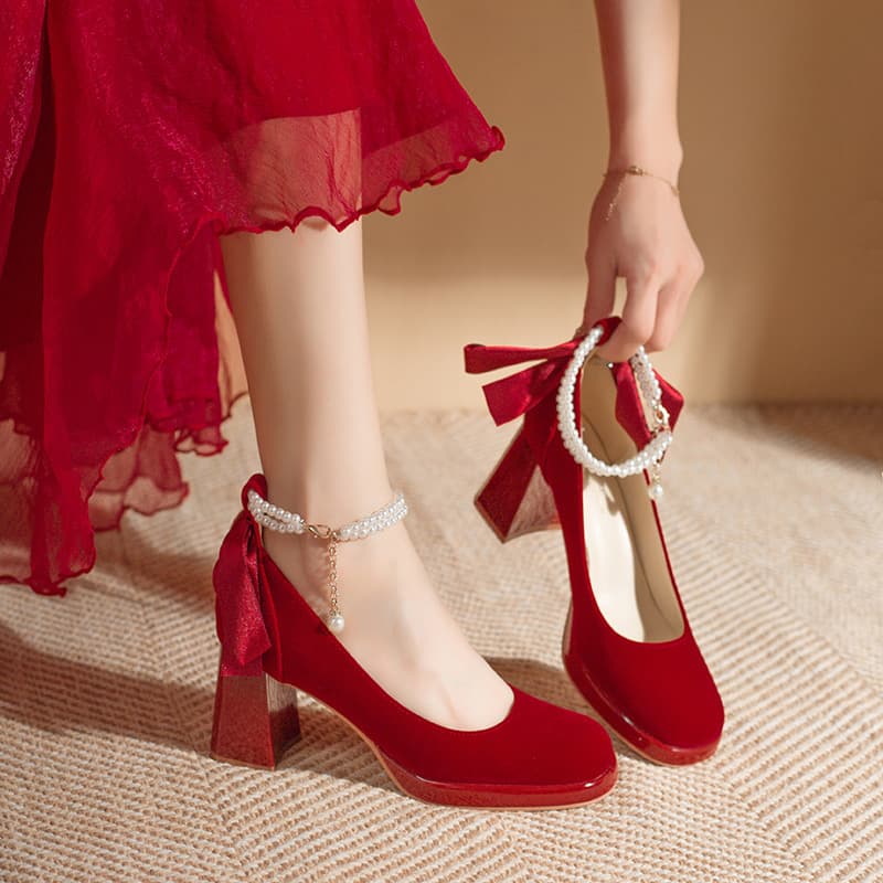Red Pearl Bridal Shoes Square Toe High Heels Women's Single Shoes Show He White Wedding Dress Two-Way Wear Butterfly Knot