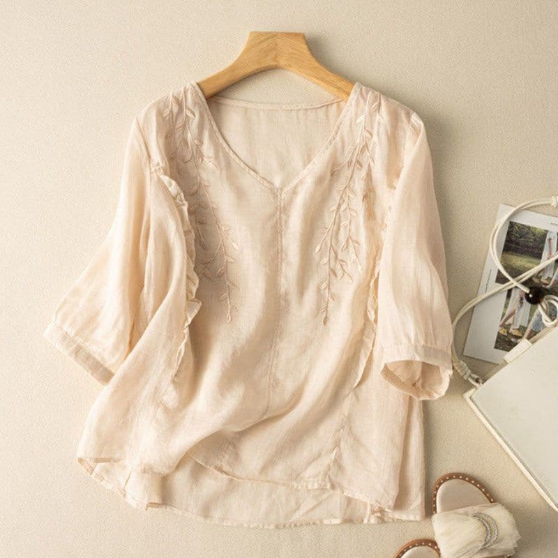 Plus-Size Summer New Style Cotton-Linen Short-Sleeve Shirt for Women, Stylish and Versatile, Fashionable and Youthful, with Three-Quarter Sleeves