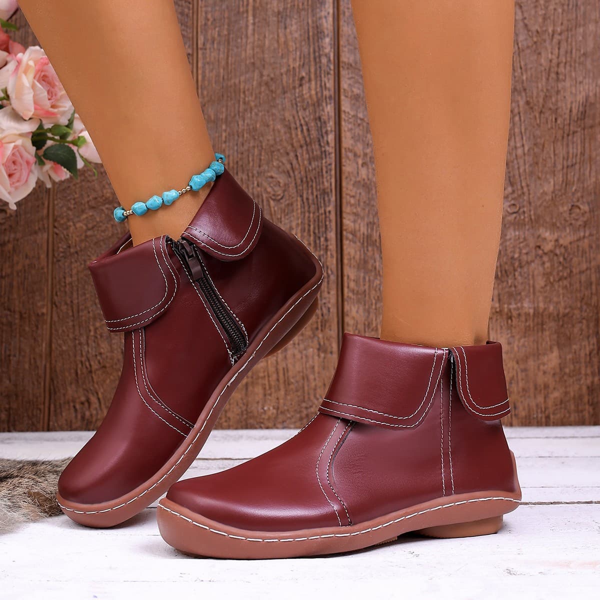 2025 New Foreign Trade Women's Shoes Round Toe Casual Women's Leather Boots Amazon Large Size Solid Color Side Zipper Martin Boots for Women