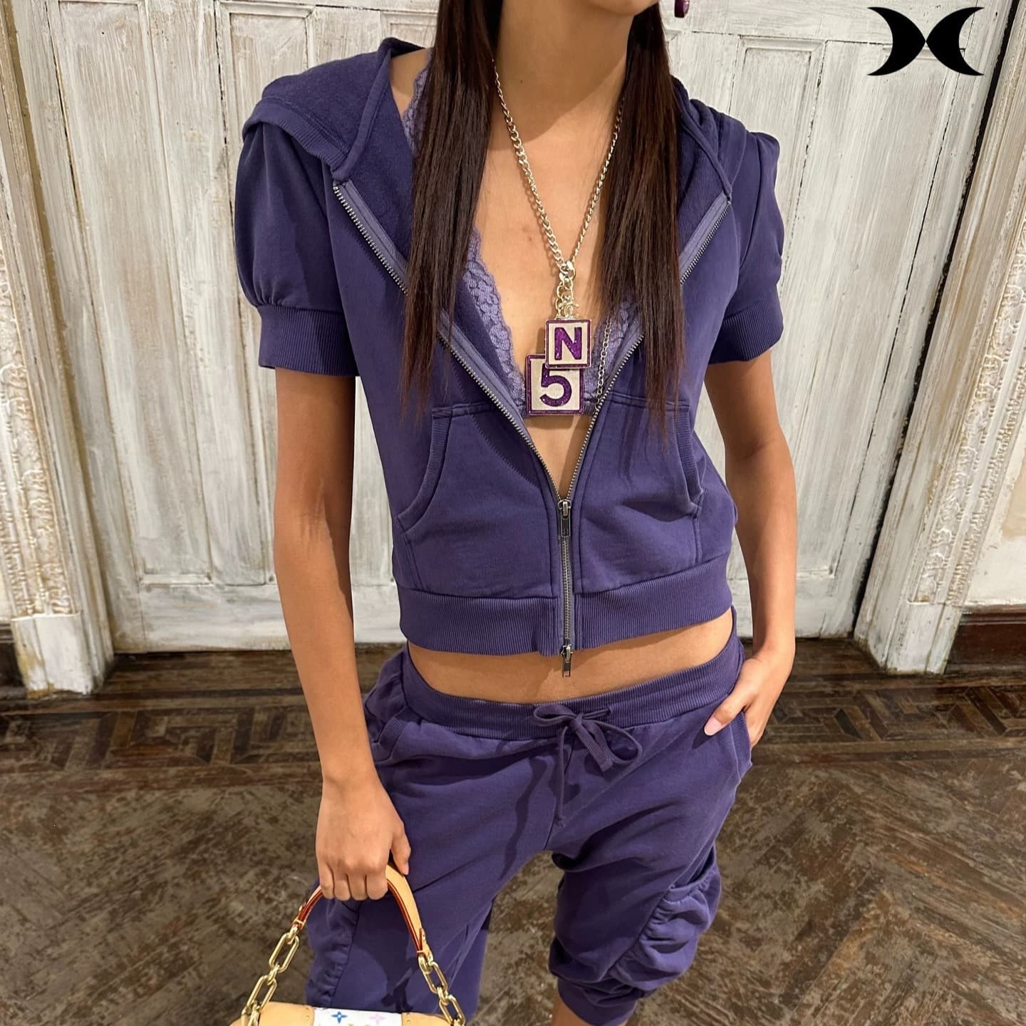 American Hot Girl Style Lake Blue Hooded Short Sleeve Sweatshirt Set Women's Short Top Drawstring Capri Pants Two-Piece Set