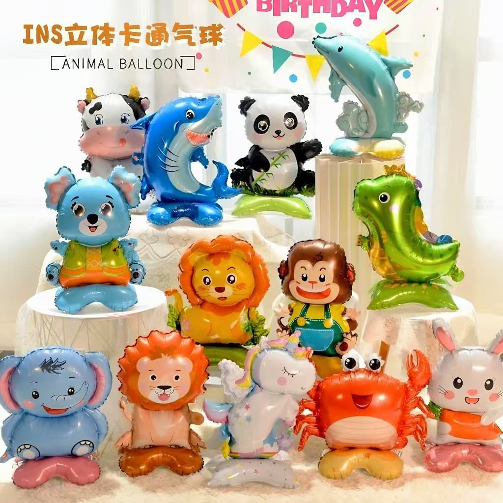 Jungle Party Cartoon Lion Panda Animal Small Base Standing Dinosaur Foil Balloon Party Decoration Balloon