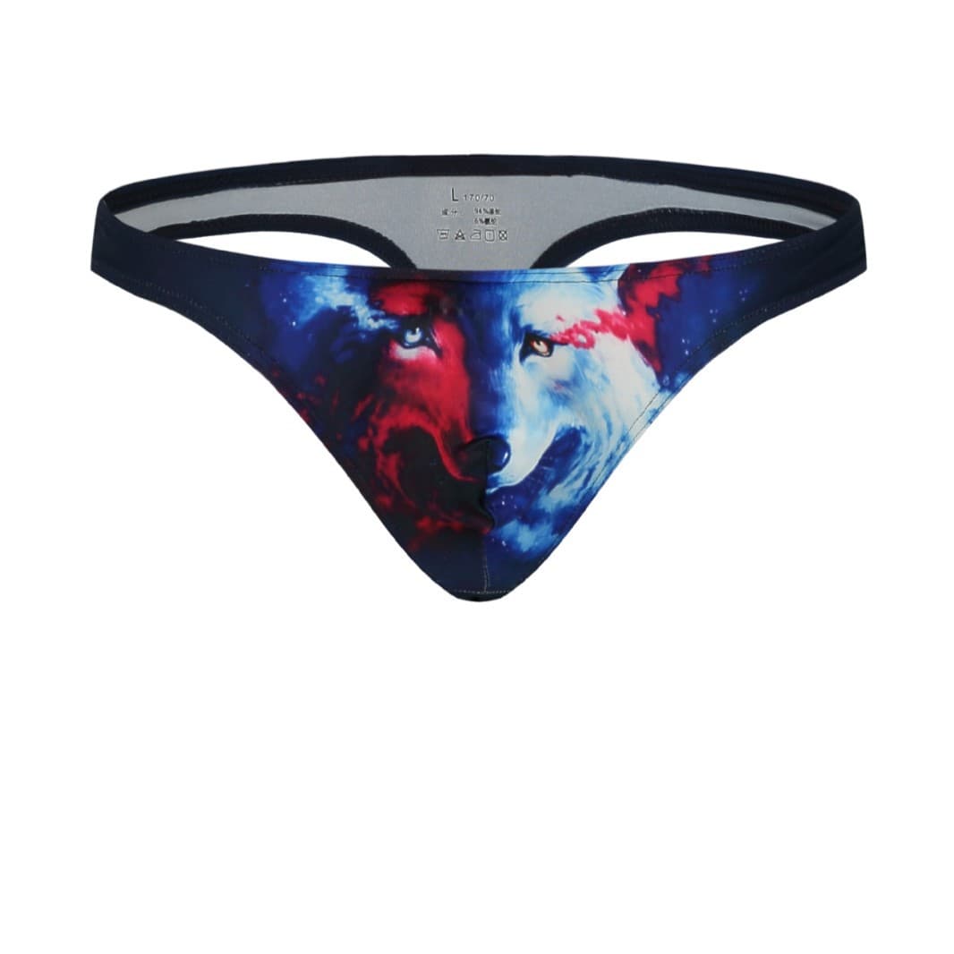Men's Low Waist Digital Print One-Piece 3D Trim Sexy T-Underwear Polyester Cotton Antibacterial Briefs U-Shaped Pouch