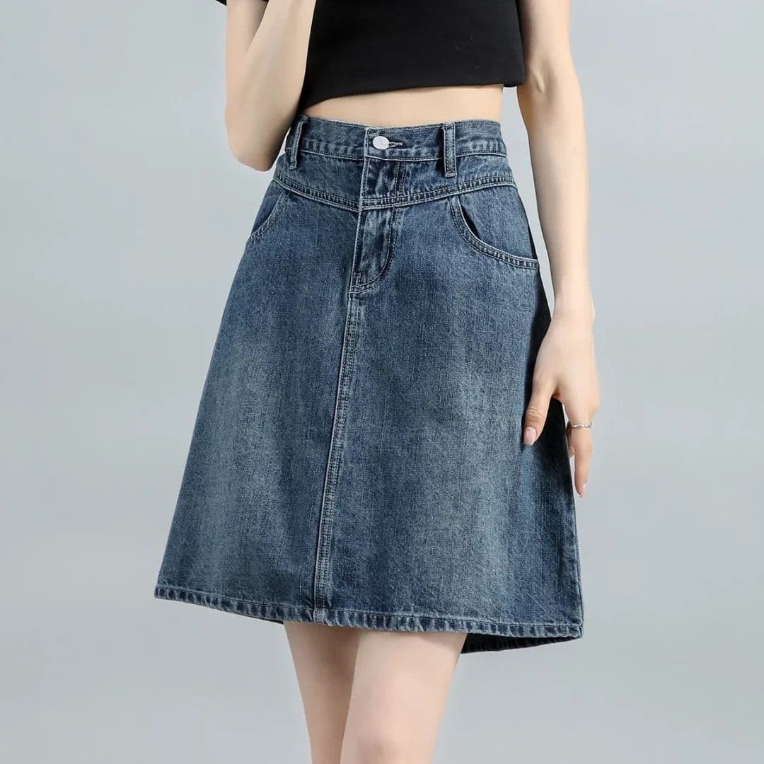 American Plus Size Retro Denim Mini Skirt, Denim Skirt 2026 Mid-Length Summer New High Waist Pear Shape Slimming
