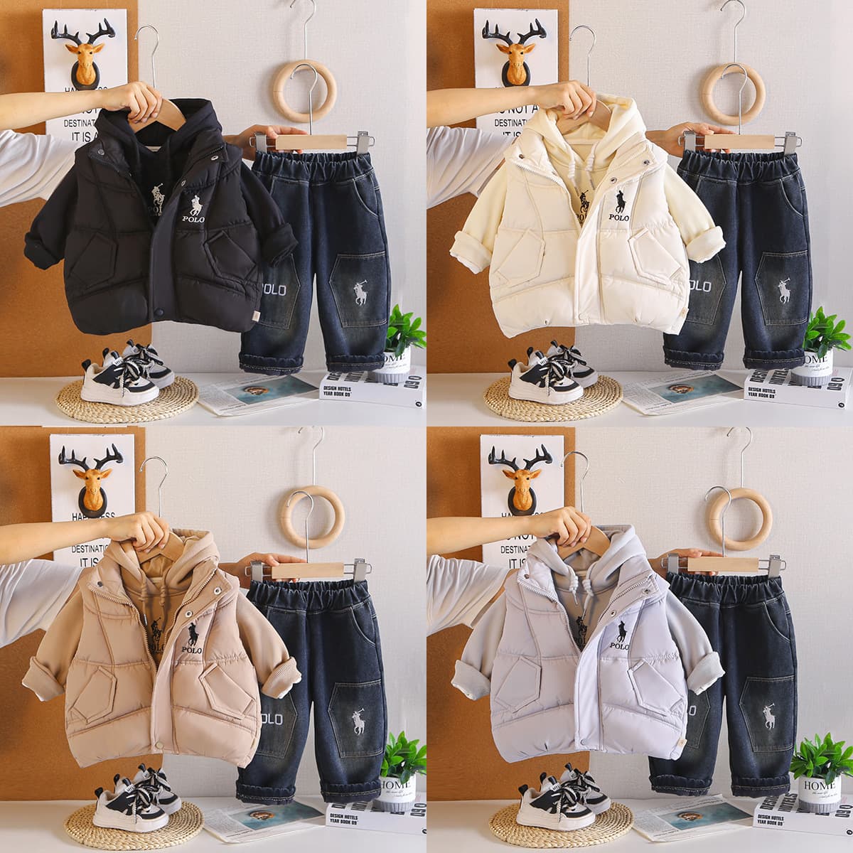 Boys' Autumn/Winter Fleece-Lined Thickened 3-Piece Set, 2026 New Baby Kids' Winter Cotton Jacket and Vest Set