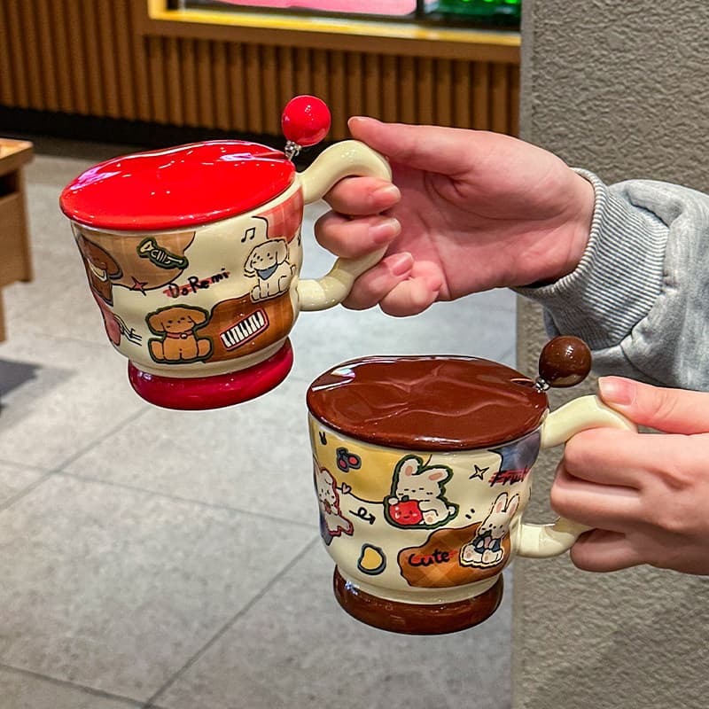 Beautiful cute cartoon ceramic mug with lid, high-end coffee cup for women, birthday gift
