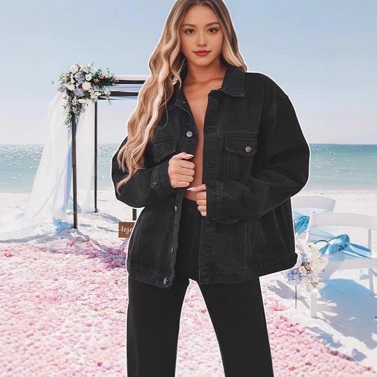 Cross-Border Amazon & AliExpress New Solid Color Denim Jacket for Women European & American Coat Turn-Down Collar Button Long Sleeve Denim Jacket