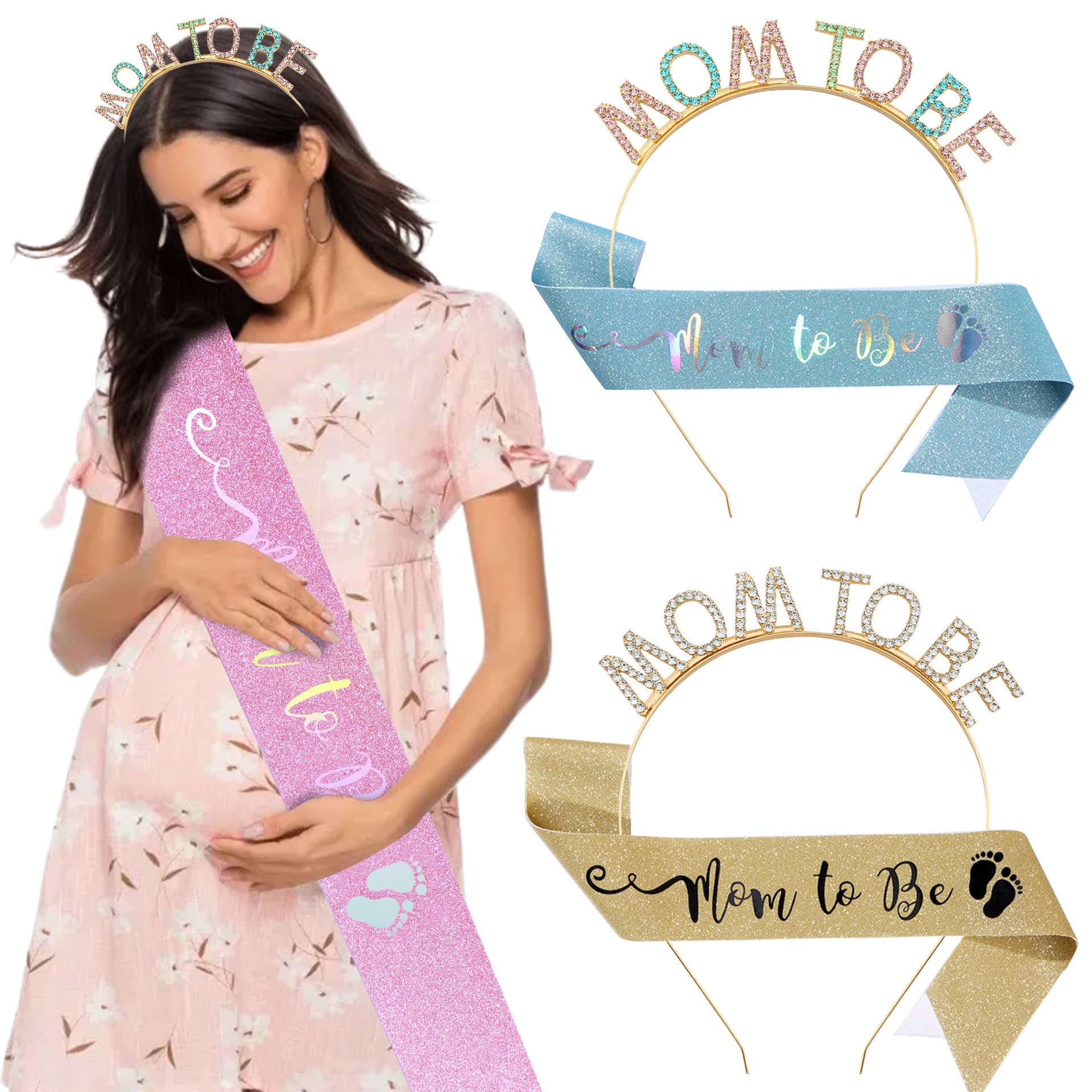 European and American fashionable alloy crystal letter headband MOM TO BE shoulder strap set for expectant mothers, headdress, ribbon and belt