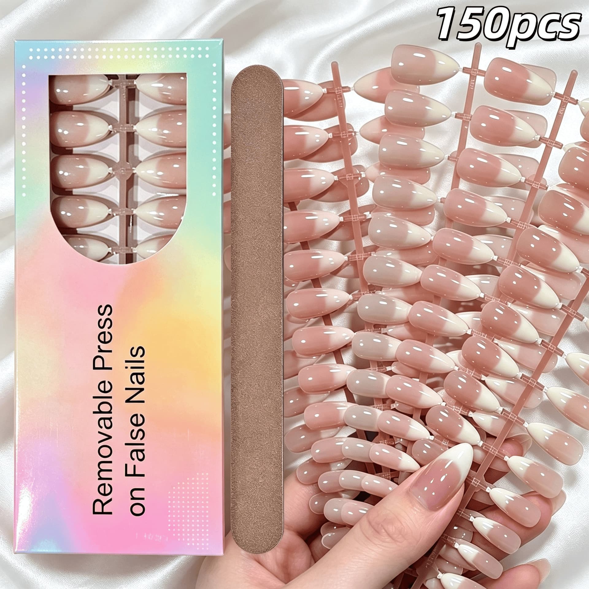 150pcs Almond French Gradient 5-Color Mix Long Press-On Nails, Versatile Daily Wear, Reusable False Nails