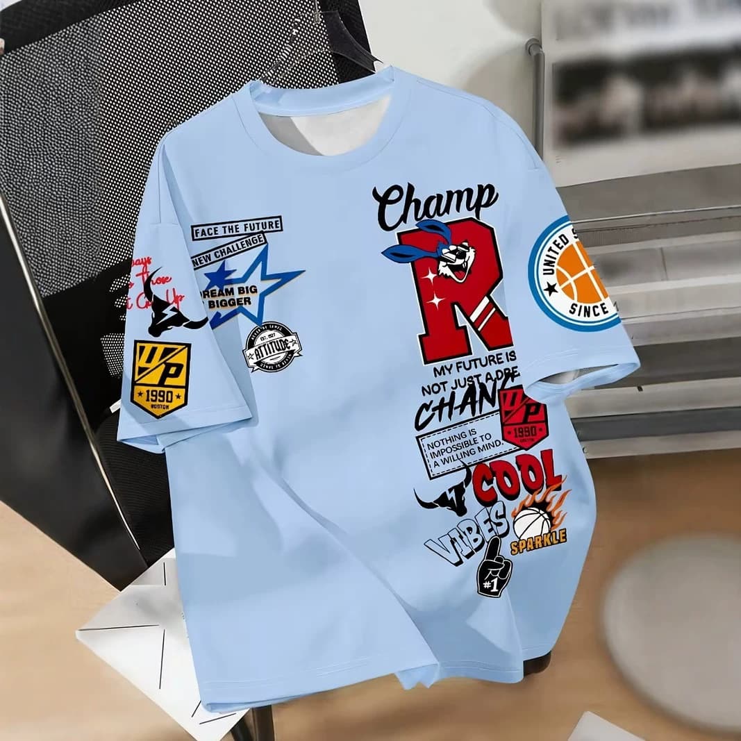 Men's Fashion Printed Casual Crew Neck T-Shirt - "R" Letter Design with Basketball, Stars, and Slogan
