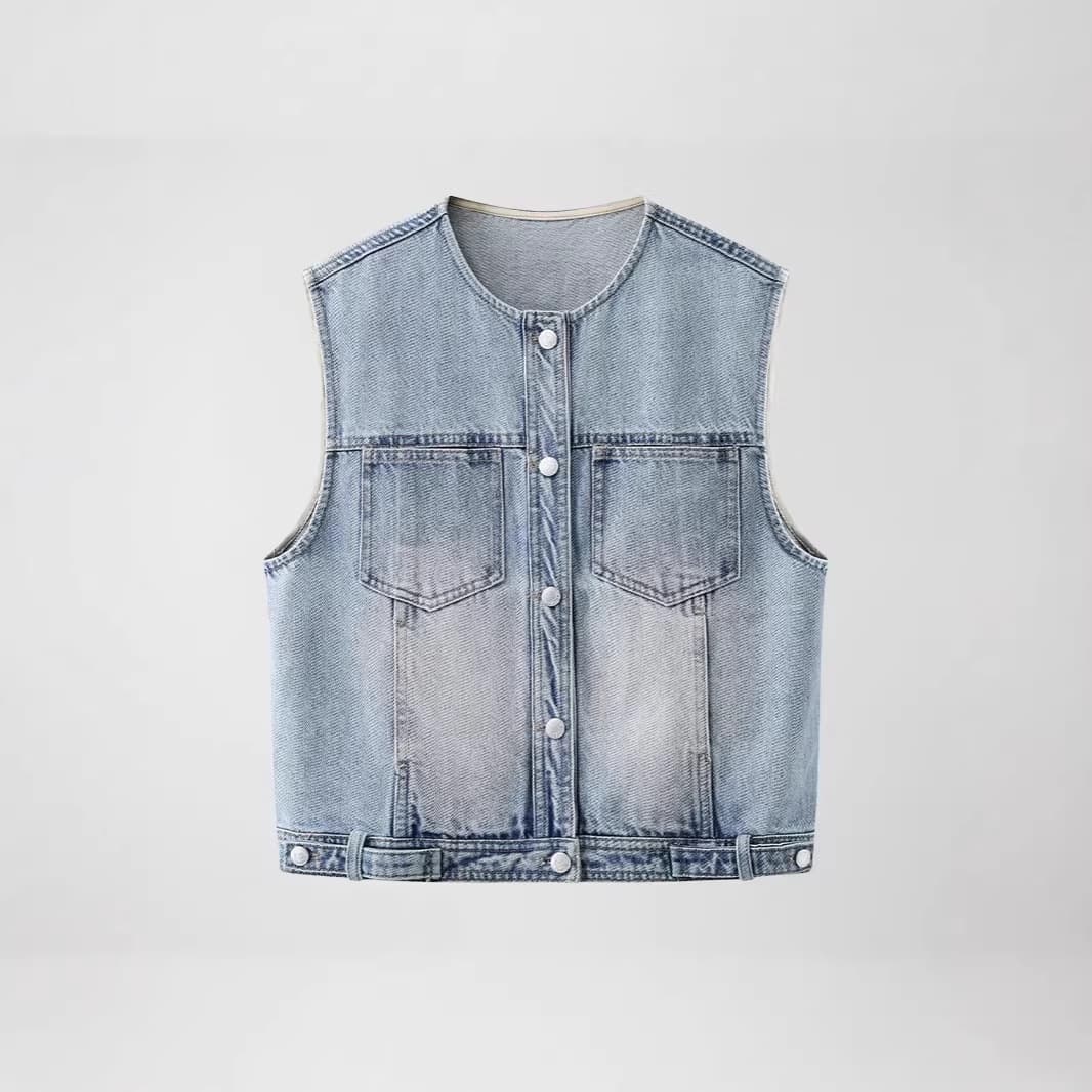 Versatile sleeveless vest 2026 spring new style light blue washed denim casual loose top national style new Chinese style