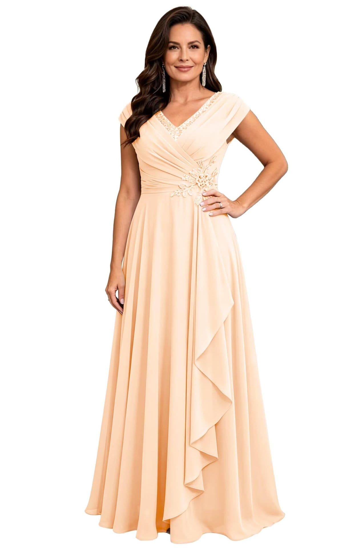 Cross-border Chiffon Long Evening Dress for Women V-Neck Rhinestone Bridesmaid Dress Banquet Toast Dress Slimming A-Line Midi Dress for Mother