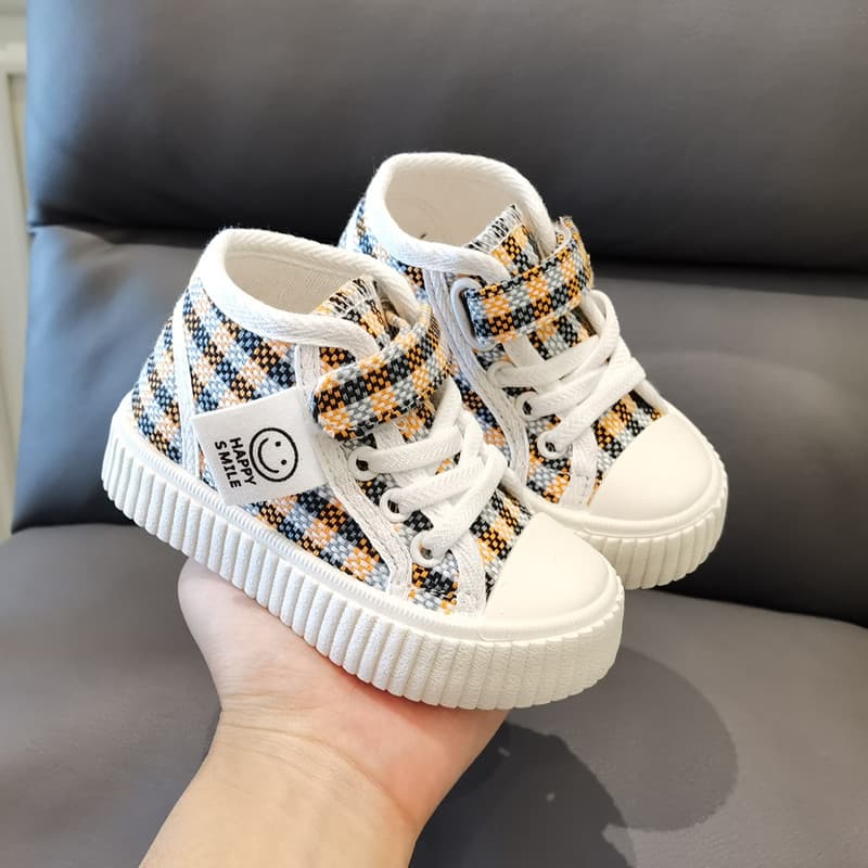 2023 Autumn High-Top Plaid Canvas Sneakers, Unisex Kindergarten Baby Shoes, Toddler Casual Slip-ons
