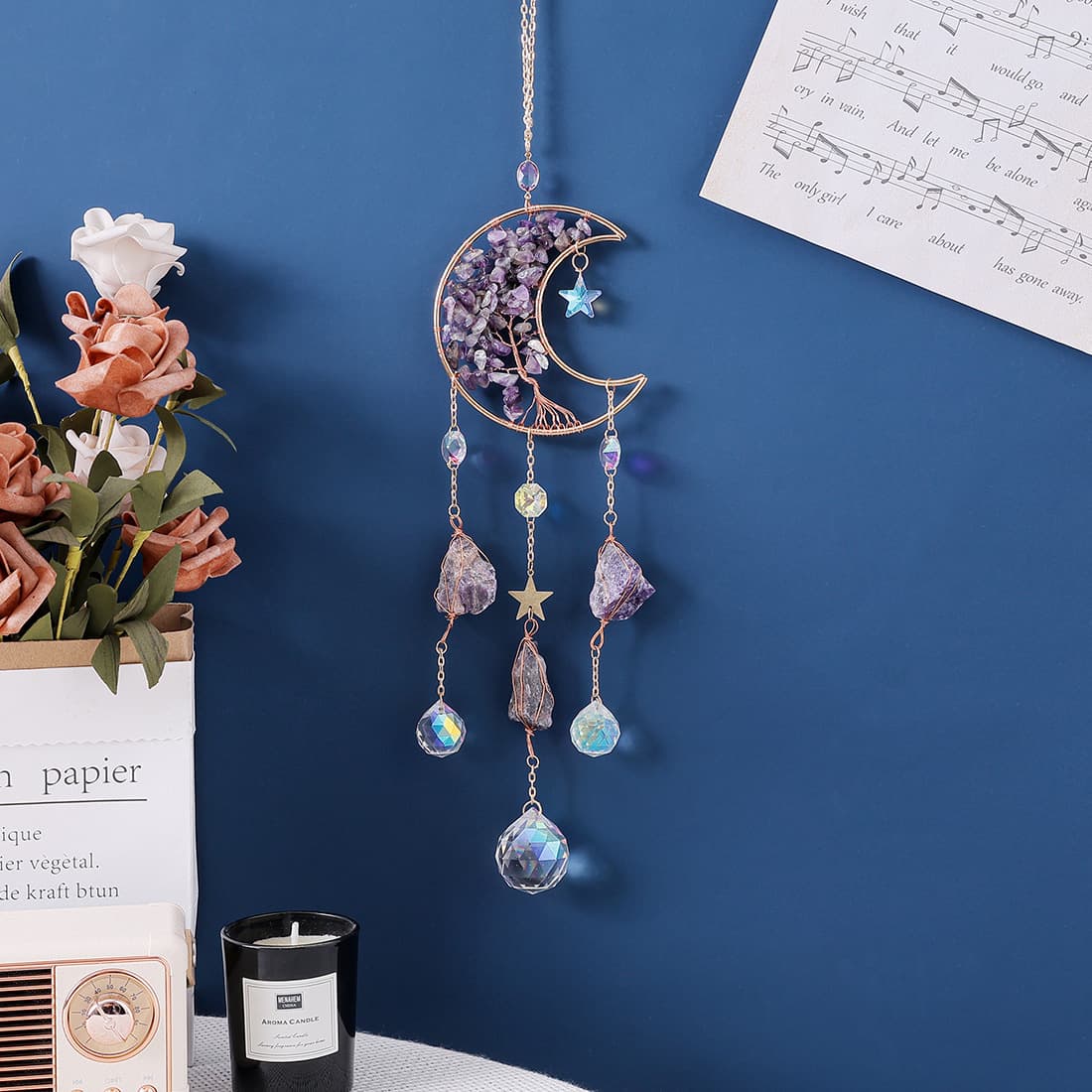 Natural Crystal Gravel Moon Wind Chime Craft Decorations, DIY Sun Catcher Hanging Pendant, Amethyst Sun Catcher