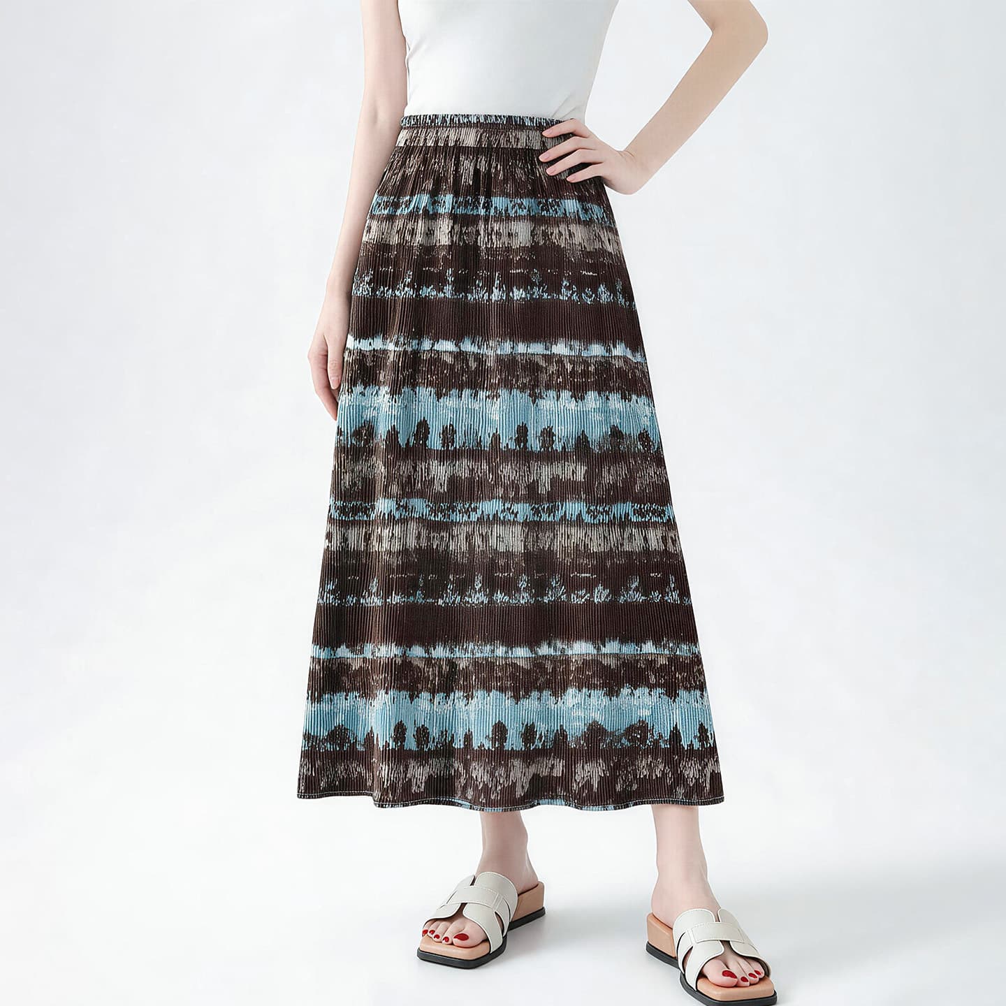 Women's Midi Skirt 2026 Summer High-Waist Pleated Skirt Vintage Tie-Dye Print Elastic Waist Slit Slimming Long Skirt