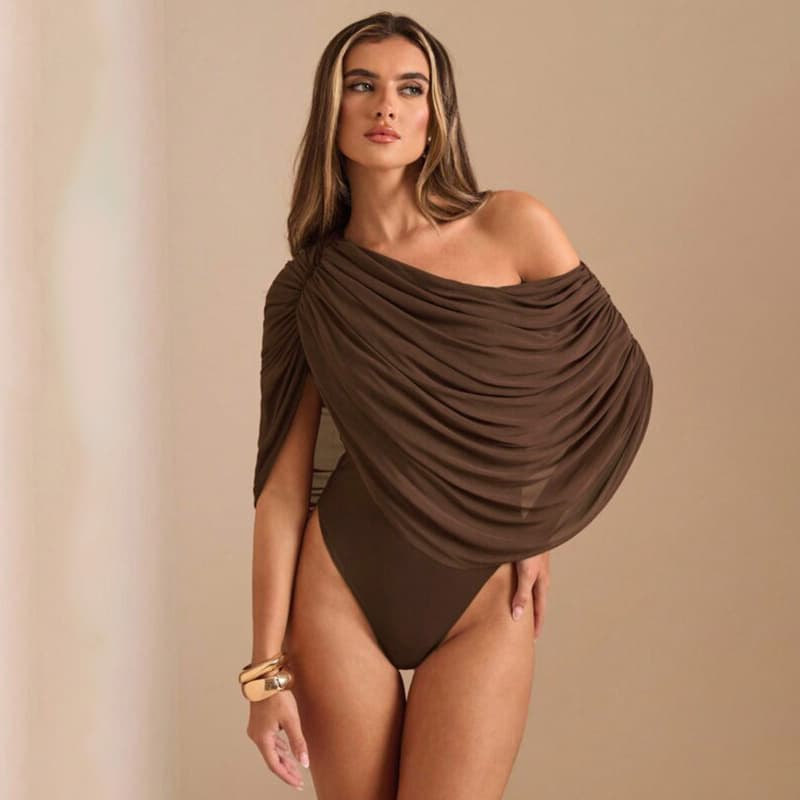 C26Bs029 Amazon Women's Spring and Summer New Fashion Sexy Mesh Loose Pleated One-Shoulder Off-Shoulder Jumpsuit