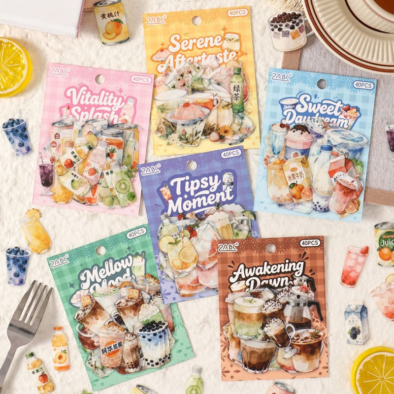 Yuezhen Cultural Creative Drink Description Floating Light Waterproof Journal Stickers Cross-border Children's Stickers PET Stickers Cute Journal Supplies