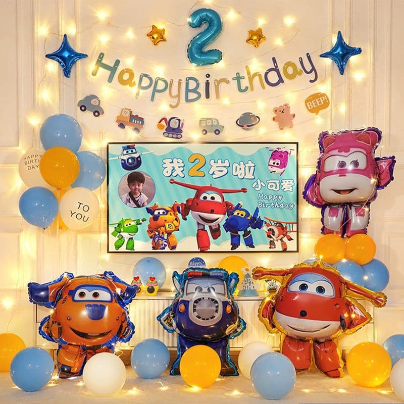 Super Wings Birthday Balloon Decoration Theme Party Scene Setup for 3-Year-Old Boy Background Wall Baby 6