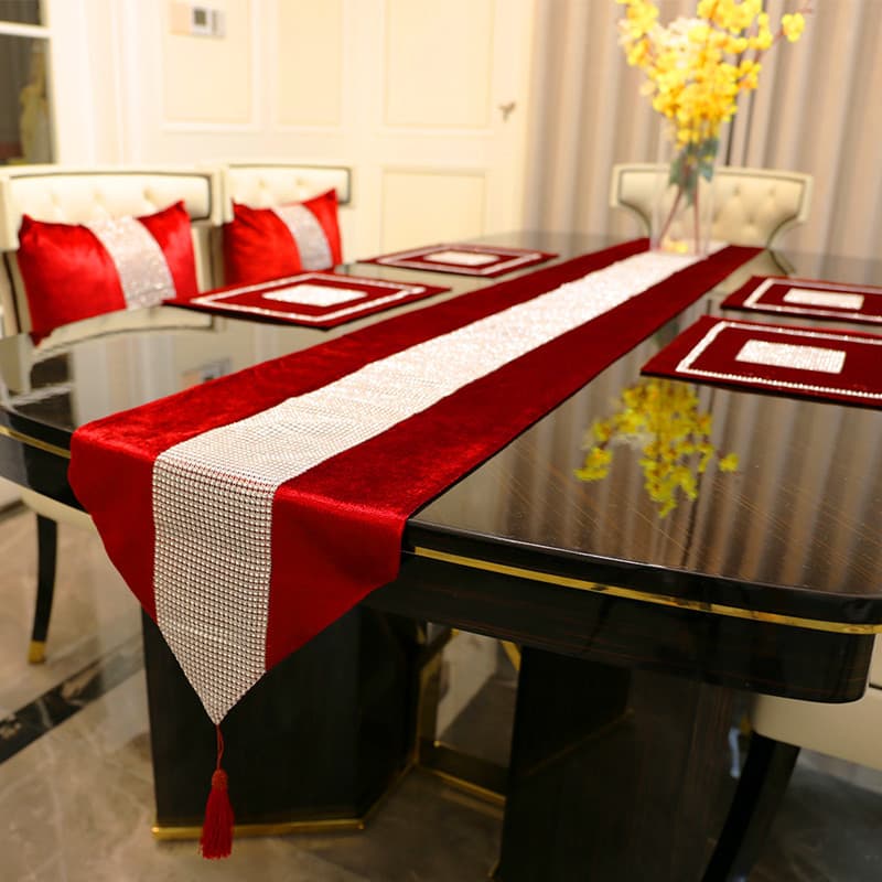 New Young Luxury Korean Velvet Diamond-encrusted Long Square Dining Table Flag Table Towel Party Modern European Style Simple Table Cloth Coffee Table Flag