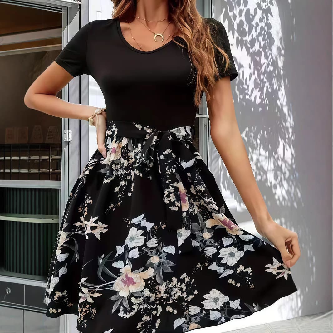 2025 Amazon AliExpress Xiyin European and American Popular Summer Fashion Printed Elastic Plant Flower Dress