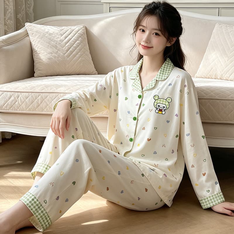 Sweet casual forest cartoon imitation cotton pajamas women's home wear long-sleeved trousers fashionable temperament two-piece suit wholesale