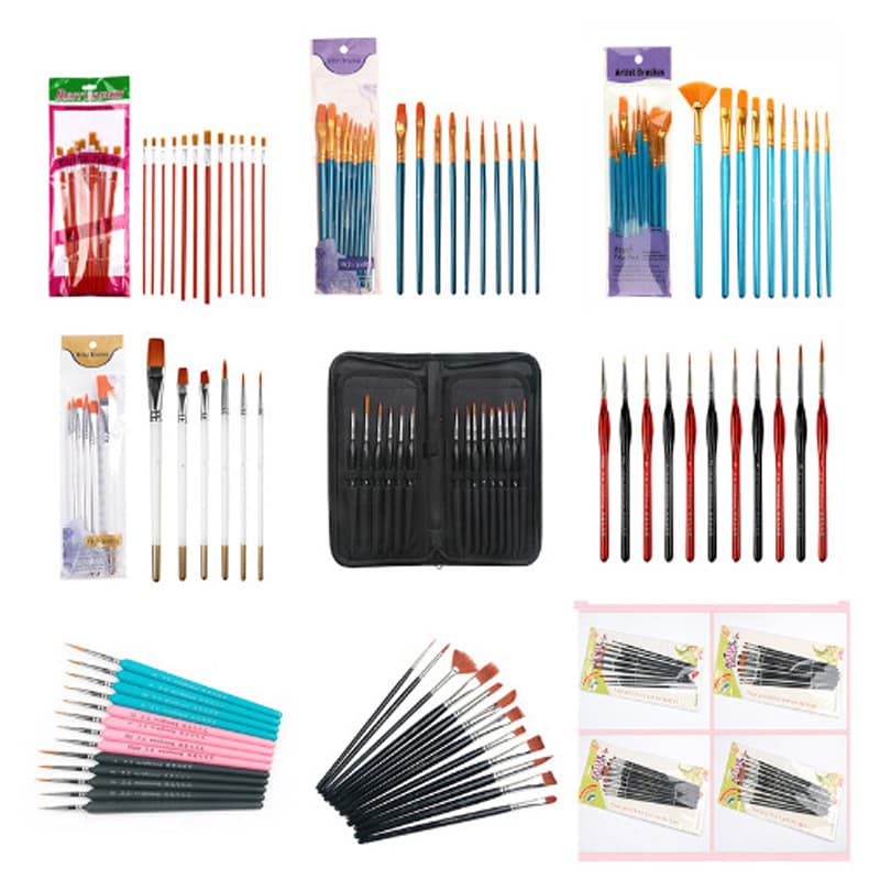 Foreign Trade Cross-border Nylon Chalk Watercolor Painting Brush Oil Painting Brush Set 10 Pack Red Rod Blue Rod Pigment Pen