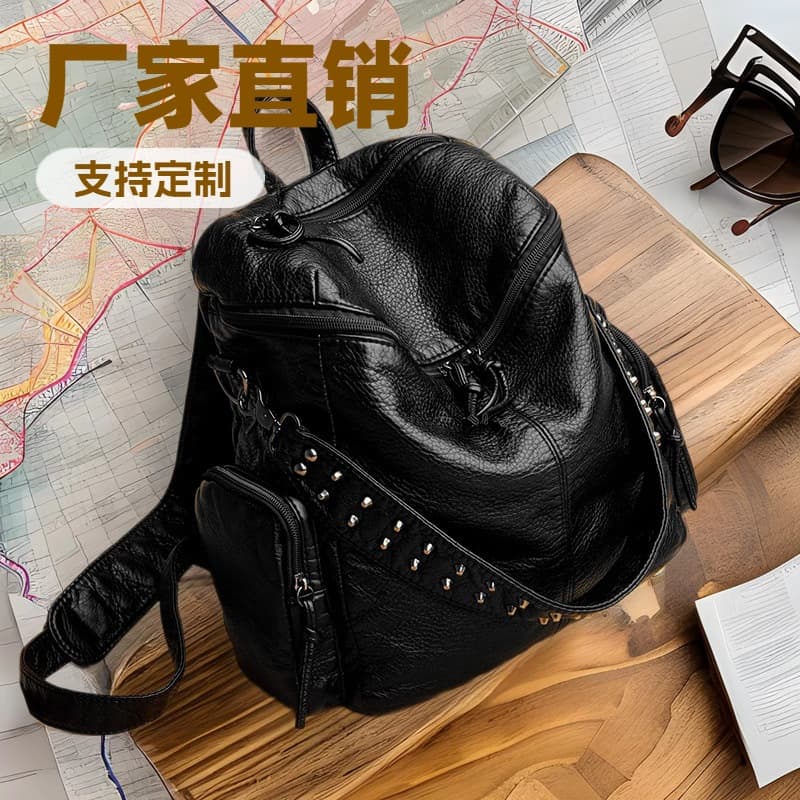 Factory Direct Custom High-end Feel Rivet Washed Leather Backpack Solid Color Soft Leather Bag Large Capacity School Bag Extra Large