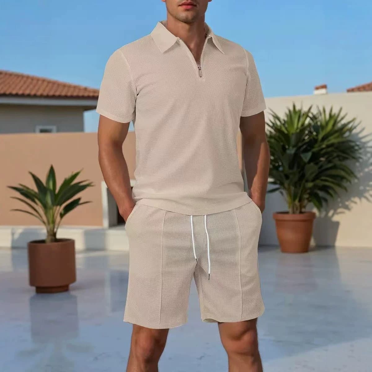 2 Piece Set Men's Half Placket Shirt & Drawstring Shorts