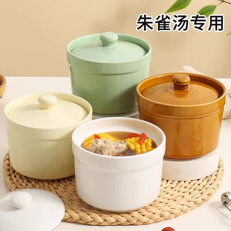Wholesale and drop-shipping of home-use egg steaming bowls with lids, ceramic double-boiling pots, individual small soup pots, and clay soup jars.