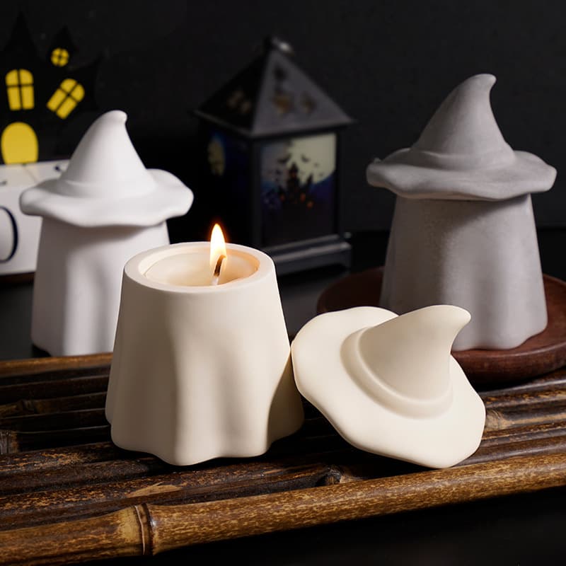 Cross-border Halloween Ghost Candle Cup Storage Jar Mold, Wizard Magic Hat Plaster Candle Holder Jar Silicone Mold