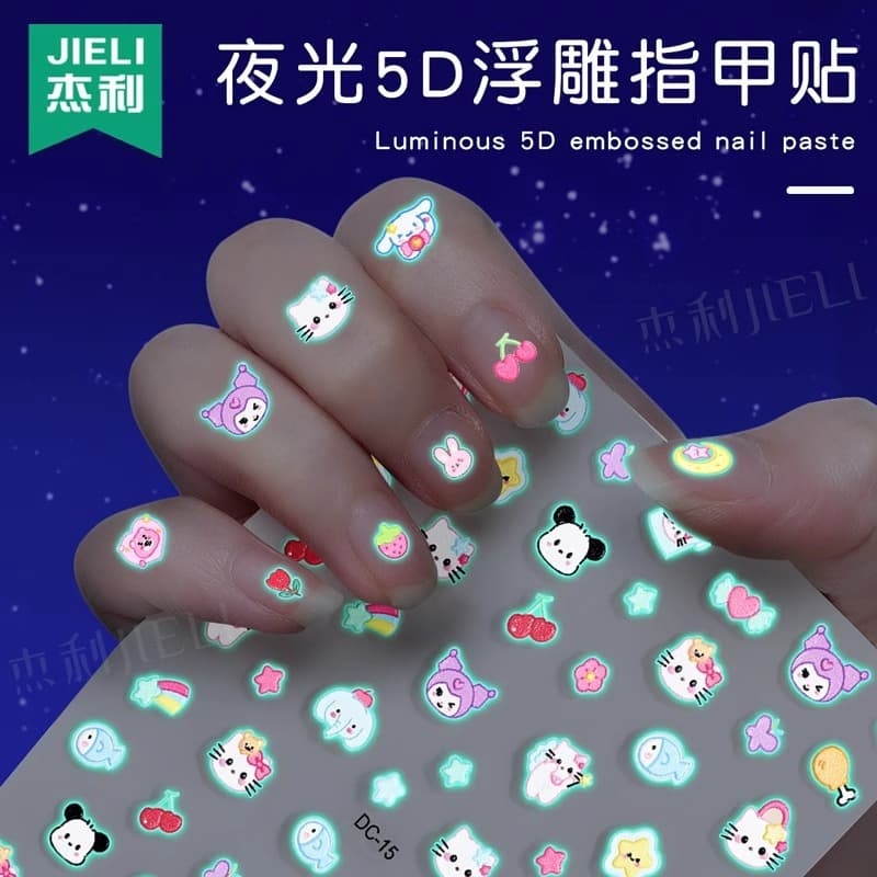 Jieli Glow-in-the-Dark Nail Stickers 5D Embossed Stickers for Kids Girls Cartoon Nail Art Stickers Finger Decals Fluorescent Stickers