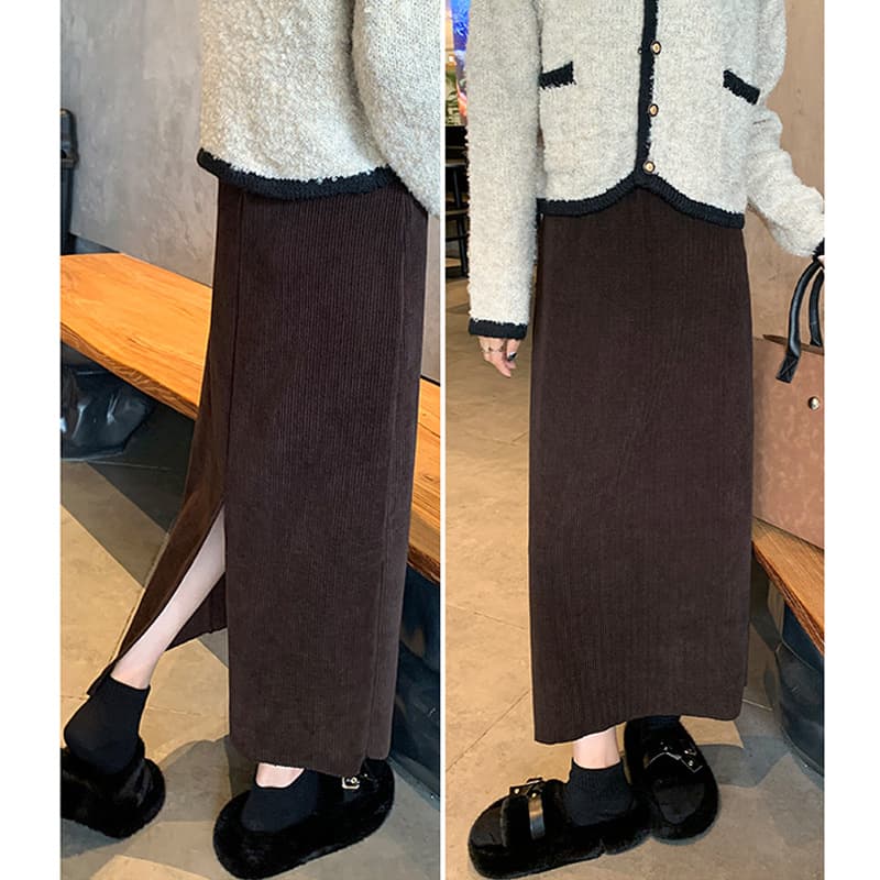 Maternity Chenille Half Skirt with Belly Support and Slit, Mid-Length A-Line Corduroy Bodycon Skirt for Spring/Autumn/Winter with Fleece Lining