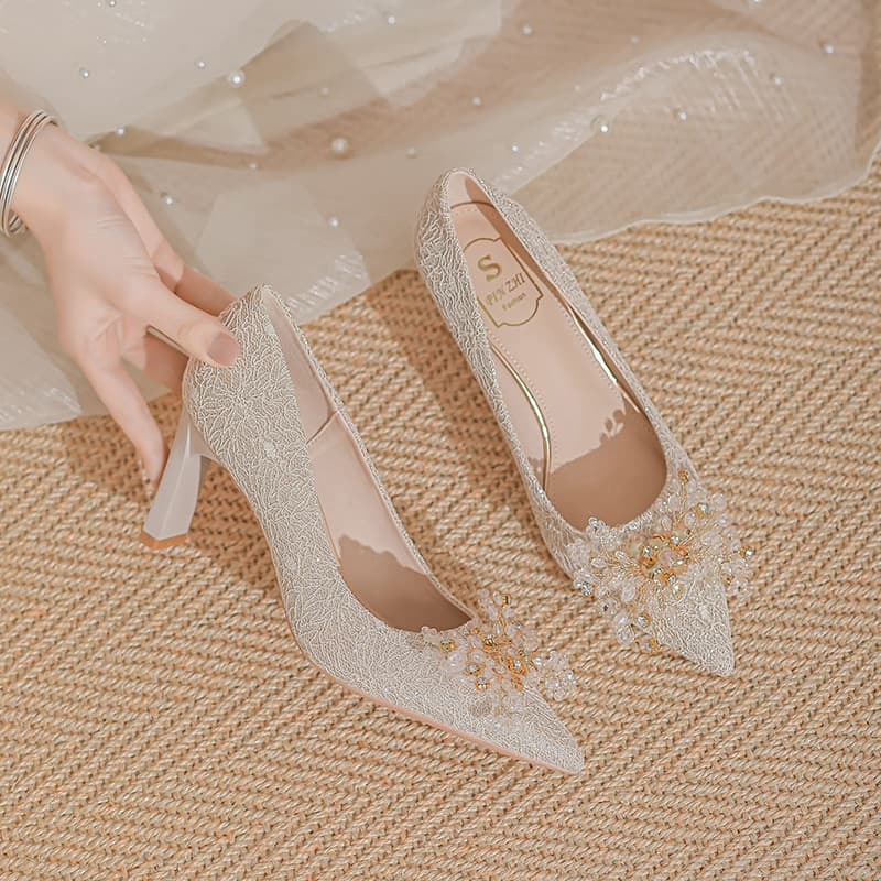 Wedding Shoes Crystal Bridal Shoes 2024 New Style Hexiu Main Wedding Dress Genuine Leather High Heels Pointed Toe Single Shoes for Women