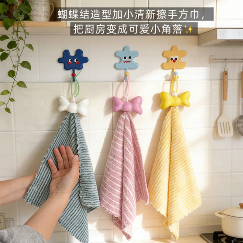Cartoon Bow Absorbent Hand Towel Hanging Cute Home Kitchen Bathroom Towel Cleaning Cloth