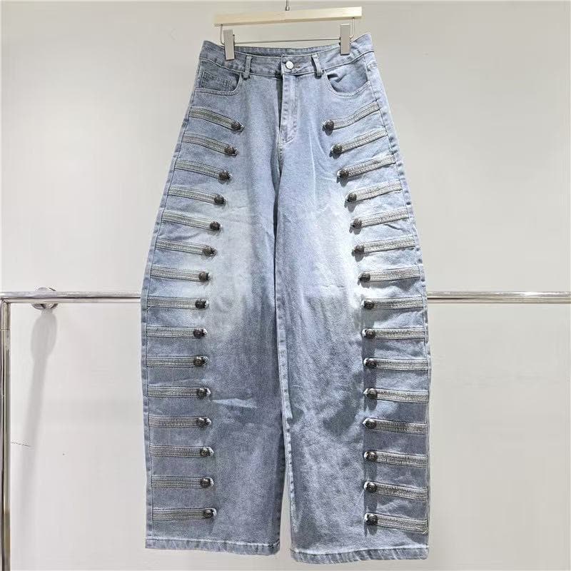 American Vintage Heavy-Duty Double-Breasted 3D Embellished 2026 Spring/Fall Fashion Stretch Denim Curved Wide-Leg Pants
