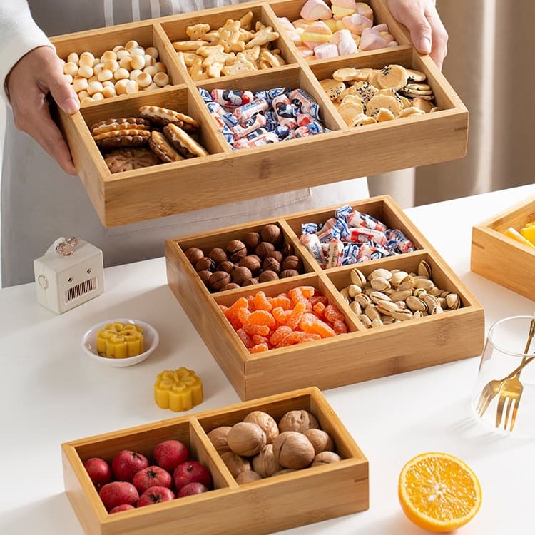 Stove-top Tea Tray Set with Snack and Fruit Plates, 4-Grid Wooden 9-Grid Dried Fruit Tray Tea Tray