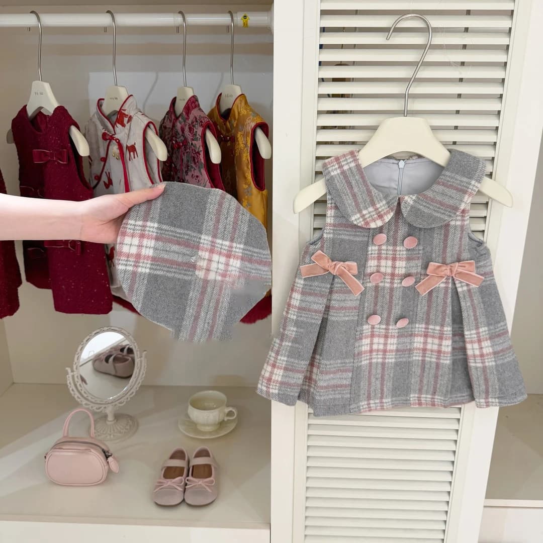 2026 Winter Baby Girl Pink Plaid Vest Dress Trendy Heiress Style Elegant Dress