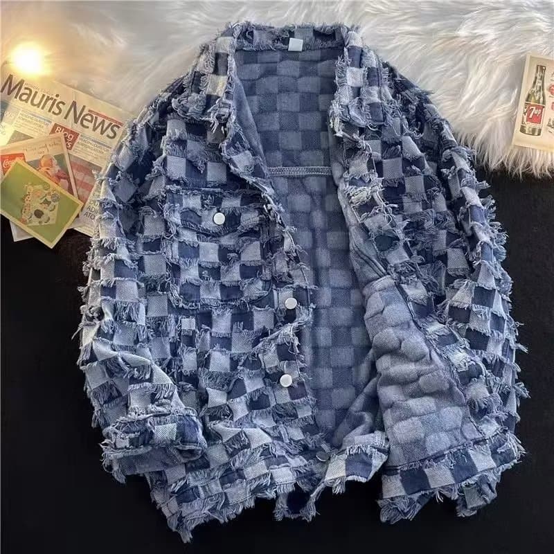 Checkered Denim Jacket for Men and Women, Spring and Autumn American High Street Ins Trendy Brand Vintage Design Loose Fit Jacket