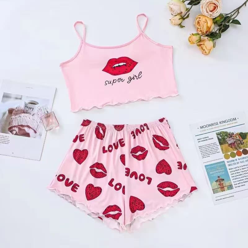 Slim-fit Pajamas: European and American Printed Milk Silk Camisole and Shorts Set, Simple and Casual Women's Loungewear