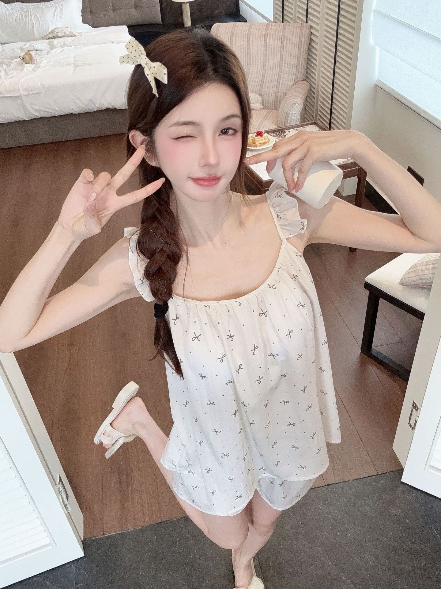 Summer New Tencel Polka Dot Pajama Set for Women with Padded Thin Strap Top and Shorts, Sweet Modal Lyocell Girl Homewear