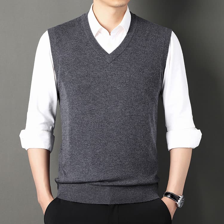 Spring and autumn business casual full wool knitwear wool vest men's waistcoat solid color V-neck sleeveless sweater men's
